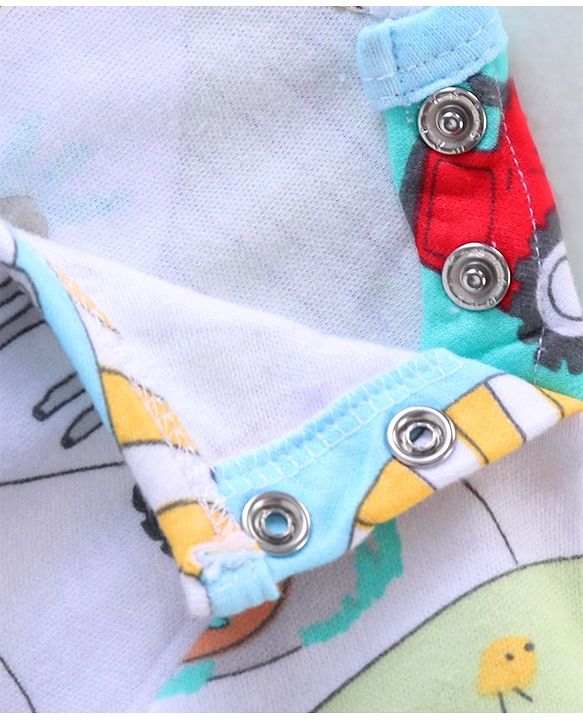 Babyhug 100% Cotton Knit Half Sleeves Striped & Dino Printed Romper - Blue & White