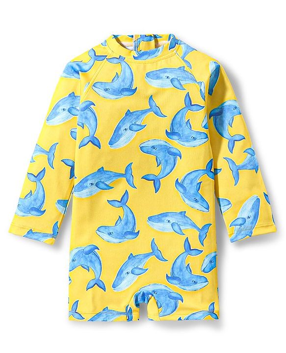 Babyhug Full Sleeves Legged Swimsuit Dolphin Print - Yellow