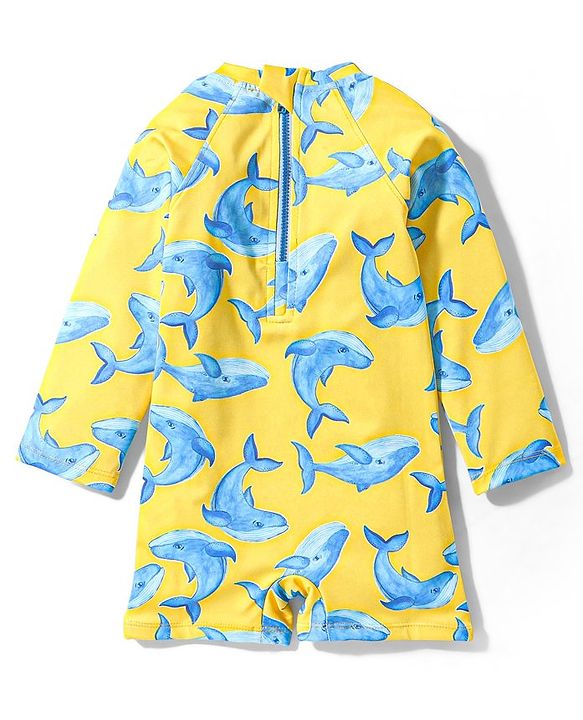 Babyhug Full Sleeves Legged Swimsuit Dolphin Print - Yellow