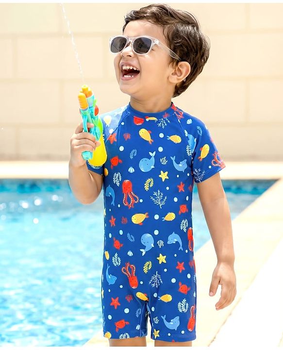 Babyhug Half Sleeves Legged Swimsuit Sea Life Print - Blue
