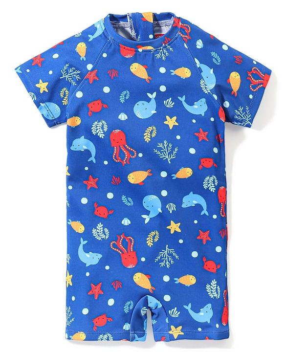 Babyhug Half Sleeves Legged Swimsuit Sea Life Print - Blue
