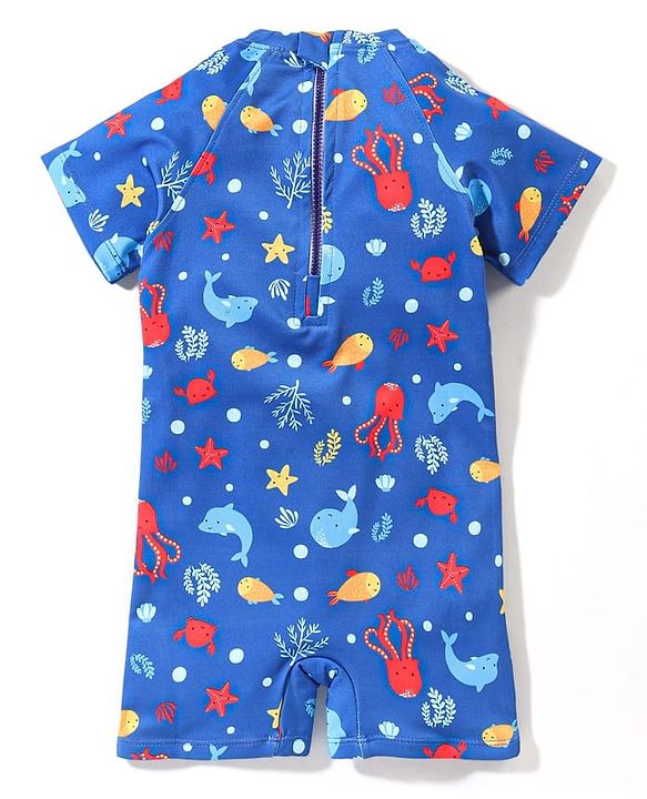 Babyhug Half Sleeves Legged Swimsuit Sea Life Print - Blue