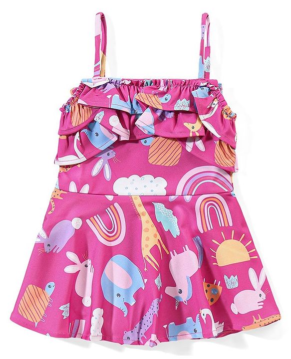 Babyhug Sleeveless Cross Back Animals Printed Frock Style Swimsuit - Purple