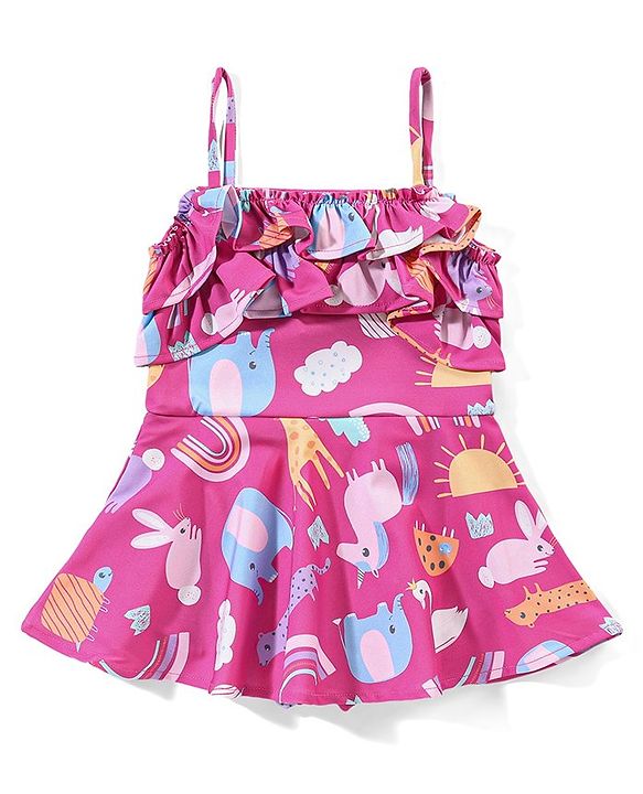 Babyhug Sleeveless Cross Back Animals Printed Frock Style Swimsuit - Purple