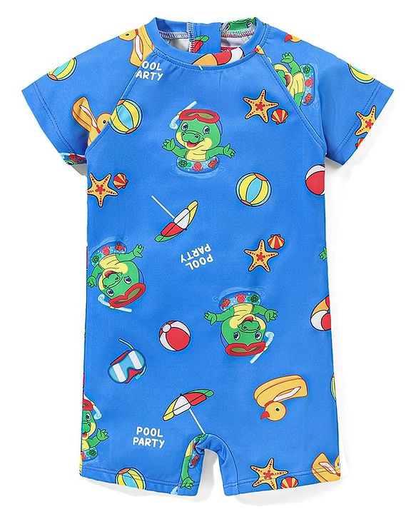 Babyhug Raglan Half Sleeves Crocodile Printed Legged Swimsuit - Blue