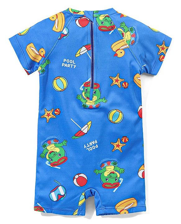 Babyhug Raglan Half Sleeves Crocodile Printed Legged Swimsuit - Blue