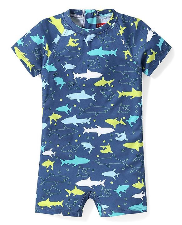 Babyhug Half Sleeves Legged Swimsuit with Shark Print -  Navy Blue