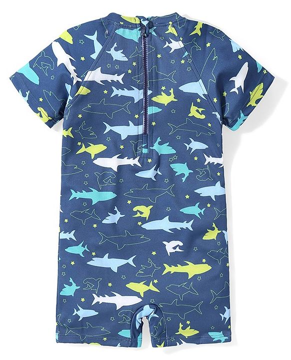 Babyhug Half Sleeves Legged Swimsuit with Shark Print -  Navy Blue