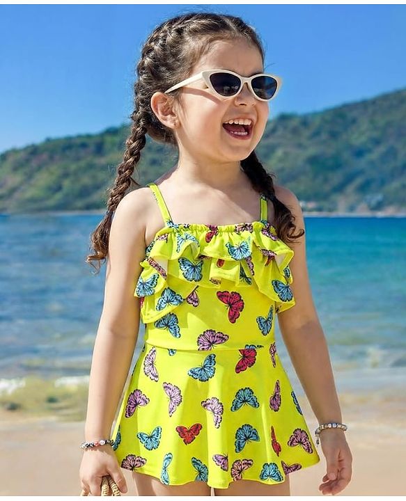 Babyhug Sleeveless  Frock Style Swimsuit with Butterfly Print  - Yellow
