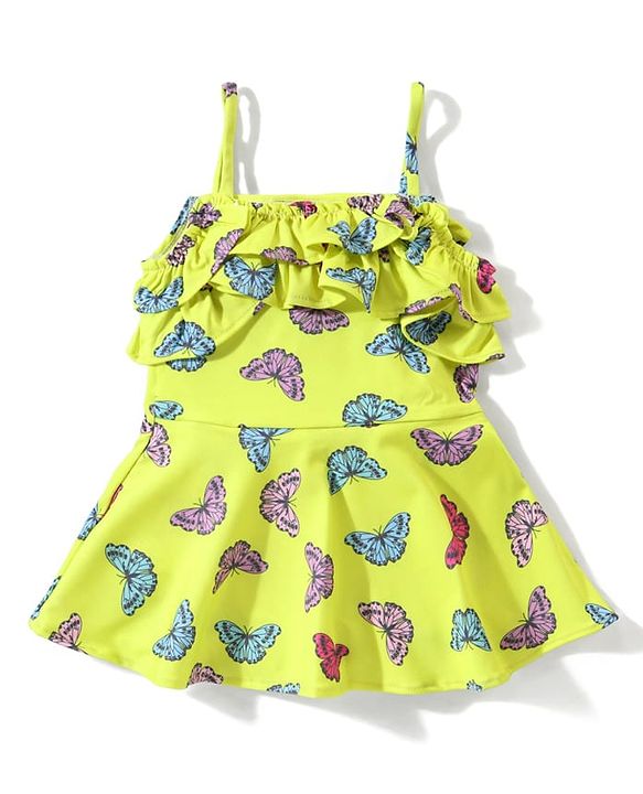 Babyhug Sleeveless  Frock Style Swimsuit with Butterfly Print  - Yellow