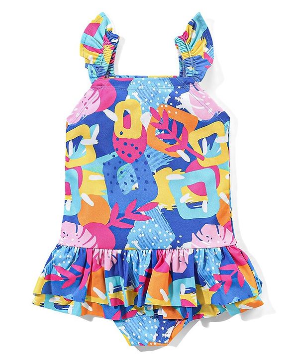 Babyhug Sleeveless Frock Style Swimsuit With Frill Abstract Print - Multicolour