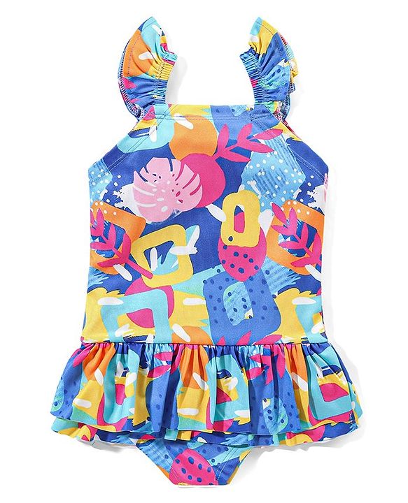 Babyhug Sleeveless Frock Style Swimsuit With Frill Abstract Print - Multicolour