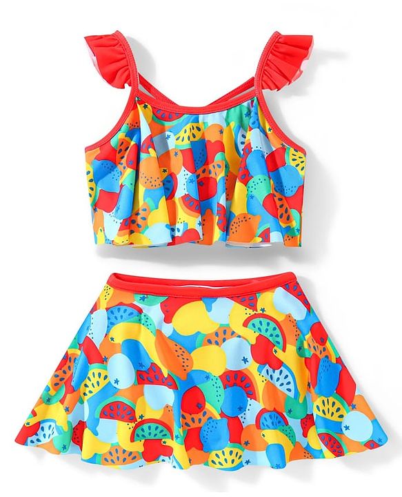 Babyhug Sleeveless  Two Piece Swimsuit with Fruit Print - Multicolour
