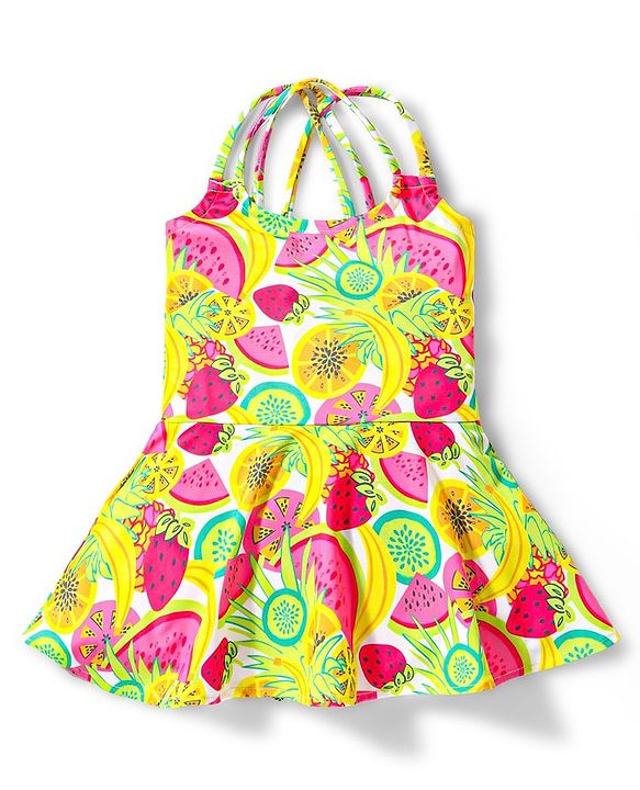 Babyhug Sleeveless Frock Style Swimsuit With Fruity Print- Multicolor