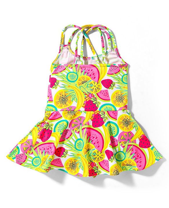 Babyhug Sleeveless Frock Style Swimsuit With Fruity Print- Multicolor