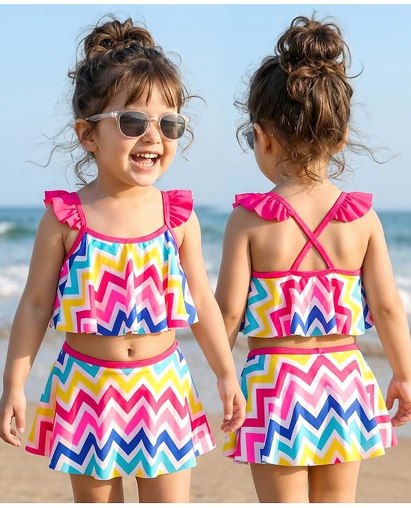 Babyhug Sleeveless Two Piece Swimsuit with Chevron Print - Multicolour