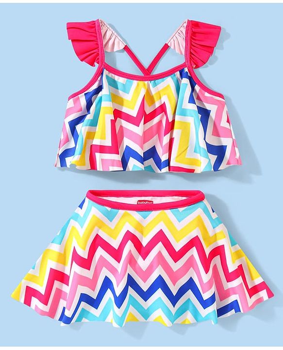 Babyhug Sleeveless Two Piece Swimsuit with Chevron Print - Multicolour