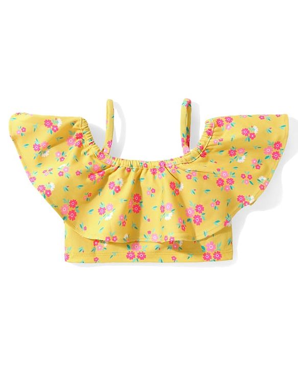 Babyhug Cold Shoulder Sleeves  Two Piece Swim Suit with Floral Print - Yellow