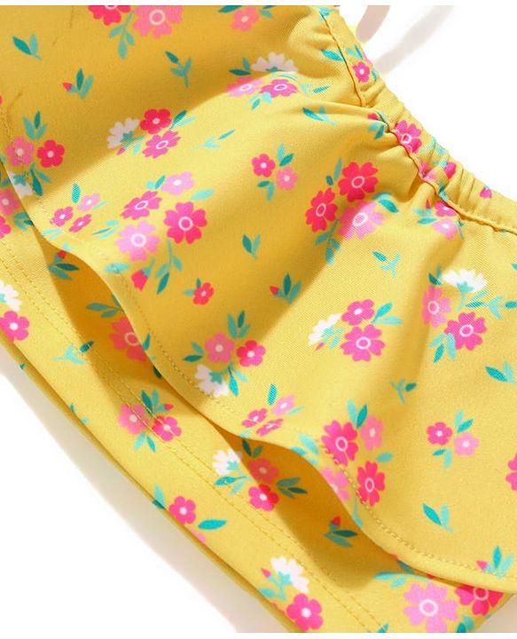 Babyhug Cold Shoulder Sleeves  Two Piece Swim Suit with Floral Print - Yellow