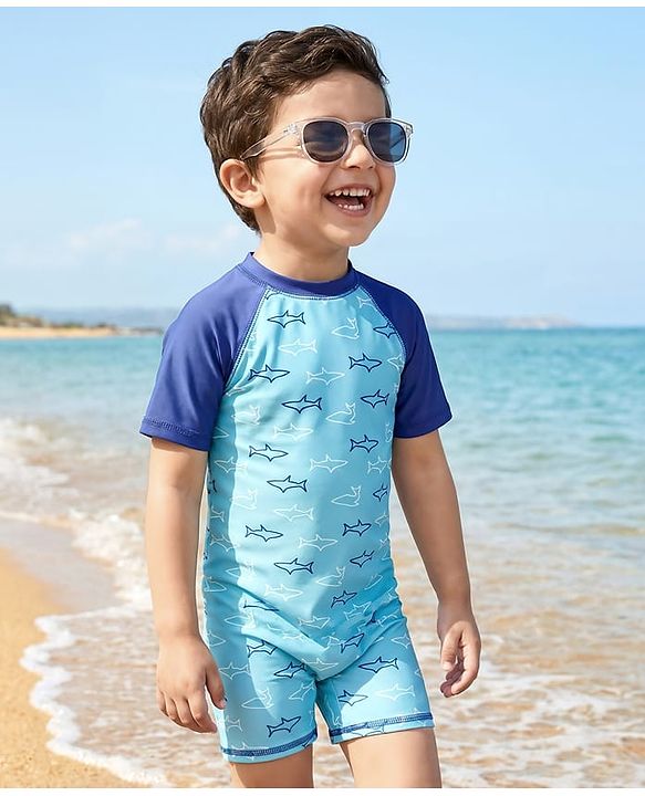 Babyhug Half Sleeves Legged Swimsuit Star Fish Print -  Blue