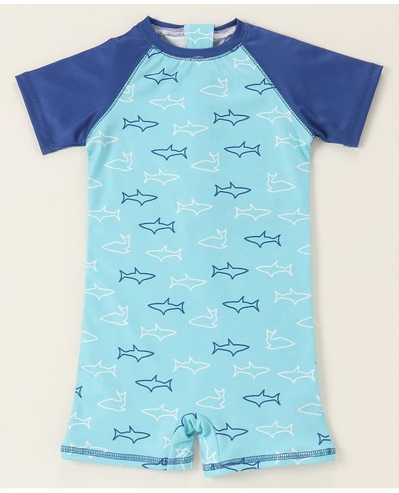 Babyhug Half Sleeves Legged Swimsuit Star Fish Print -  Blue