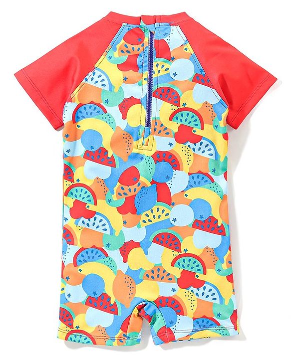 Babyhug Half Sleeves Legged Swimsuit Fruit Print -  Multicolour