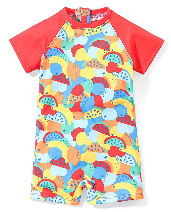 Babyhug Half Sleeves Legged Swimsuit Fruit Print -  Multicolour