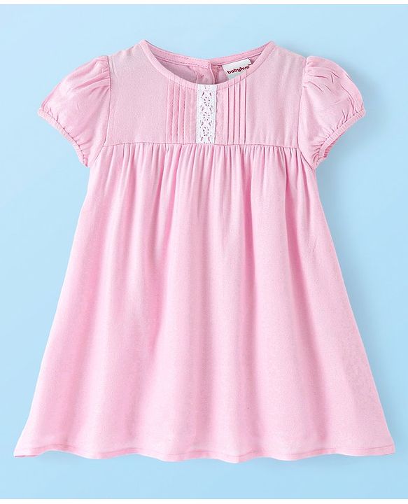 Babyhug Viscose Cotton Woven Half Sleeves Frock with Pleated Detailing & Sling Bag - Pink