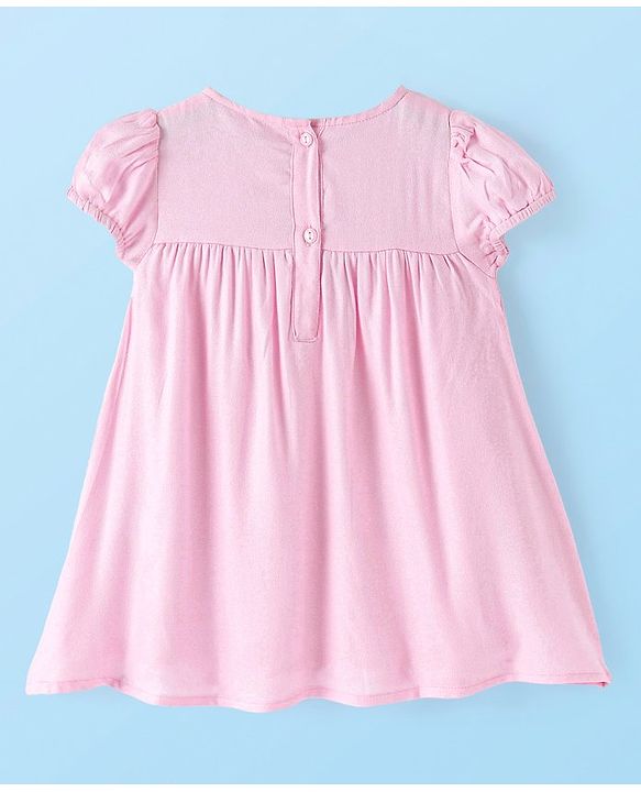 Babyhug Viscose Cotton Woven Half Sleeves Frock with Pleated Detailing & Sling Bag - Pink