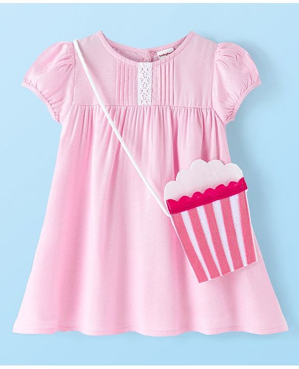 Babyhug Viscose Cotton Woven Half Sleeves Frock with Pleated Detailing & Sling Bag - Pink