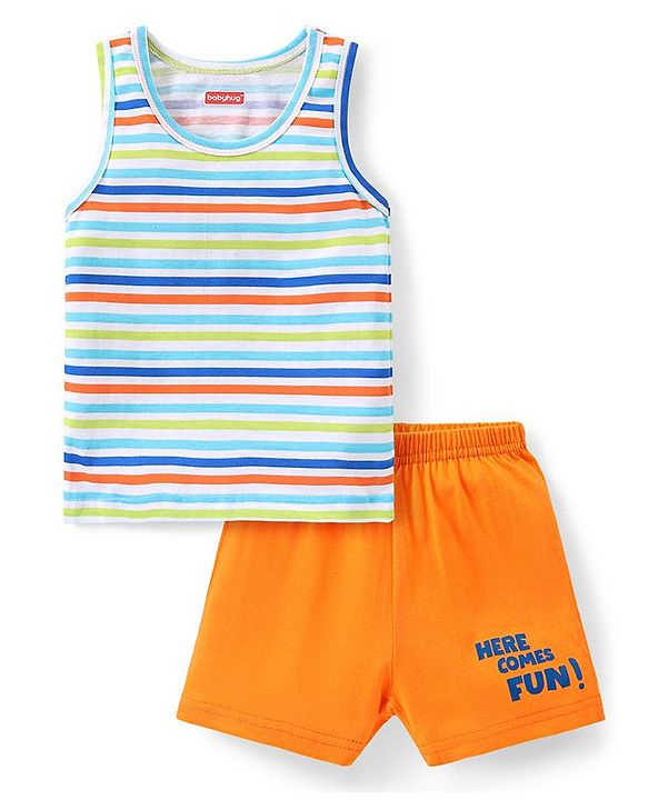 Babyhug 100% Cotton Knit Sleeveless Striped Sando & Shorts Set - Multicolour