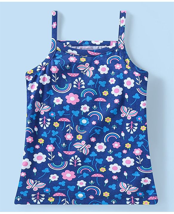 Babyhug 100% Cotton Sleeveless Slips With Floral & Rainbow Print Pack Of 3 - White Pink & Navy Blue