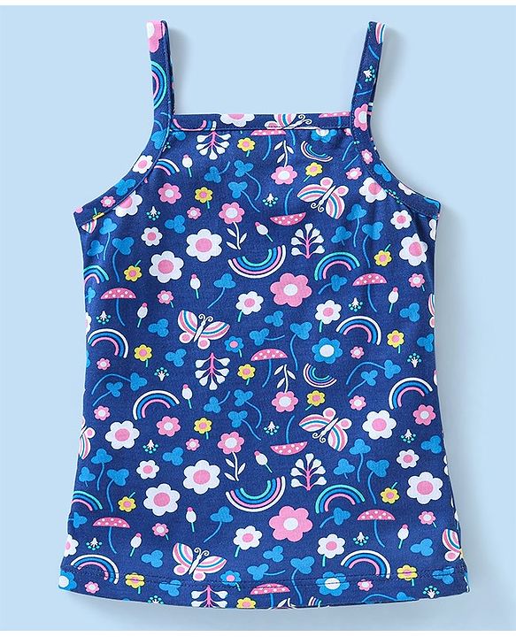 Babyhug 100% Cotton Sleeveless Slips With Floral & Rainbow Print Pack Of 3 - White Pink & Navy Blue