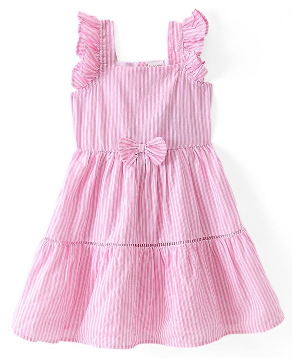 Babyhug Cotton Woven Frill Sleeves Frock with Bow Applique & Stripes - Pink
