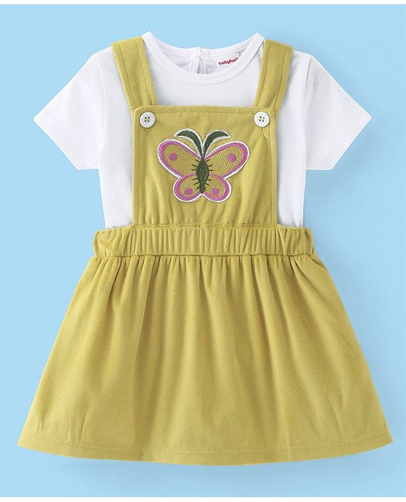 Babyhug Cotton Woven Frock with Half Sleeves Inner Tee with Butterfly Embroidered - Yellow