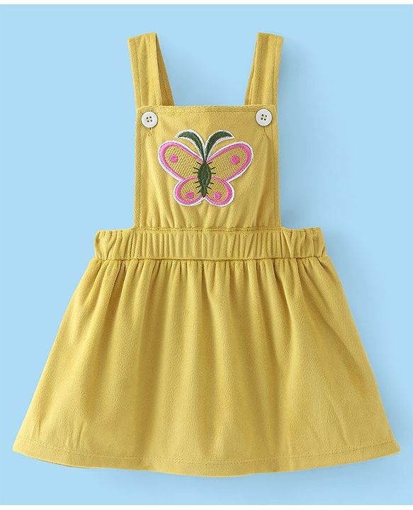 Babyhug Cotton Woven Frock with Half Sleeves Inner Tee with Butterfly Embroidered - Yellow
