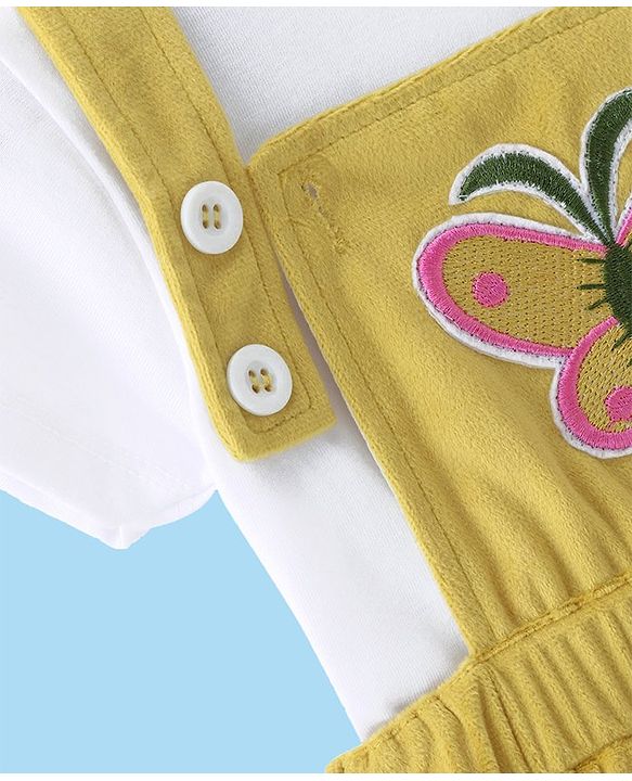Babyhug Cotton Woven Frock with Half Sleeves Inner Tee with Butterfly Embroidered - Yellow