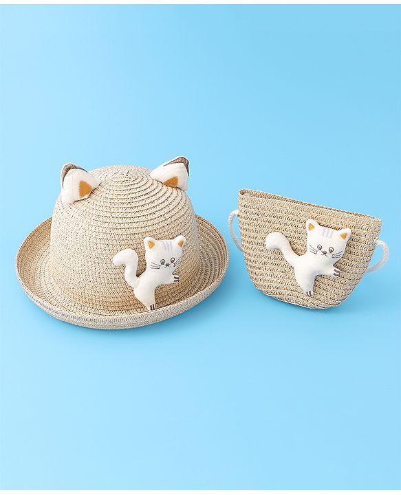 Babyhug Straw Hat With cat Applique and Hand Bag - Beige