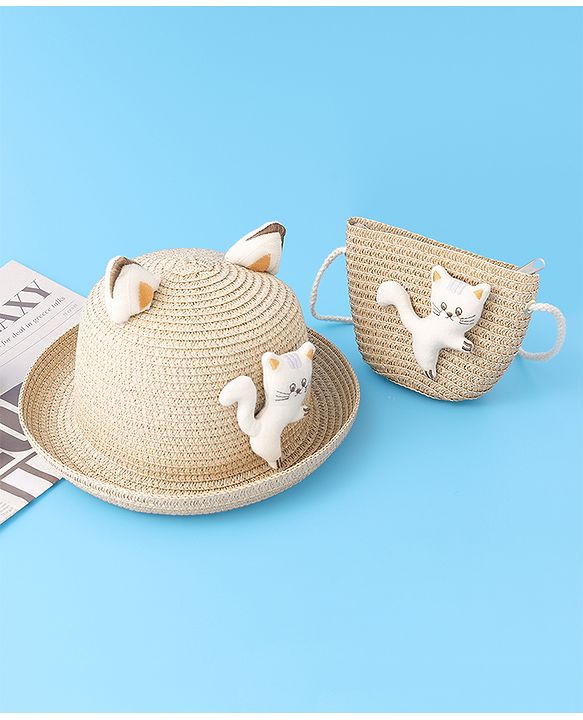 Babyhug Straw Hat With cat Applique and Hand Bag - Beige