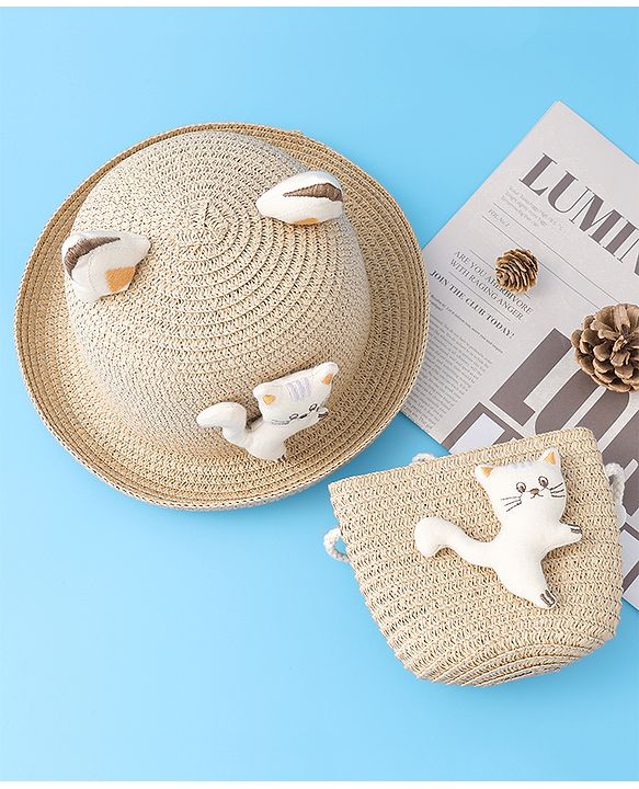 Babyhug Straw Hat With cat Applique and Hand Bag - Beige