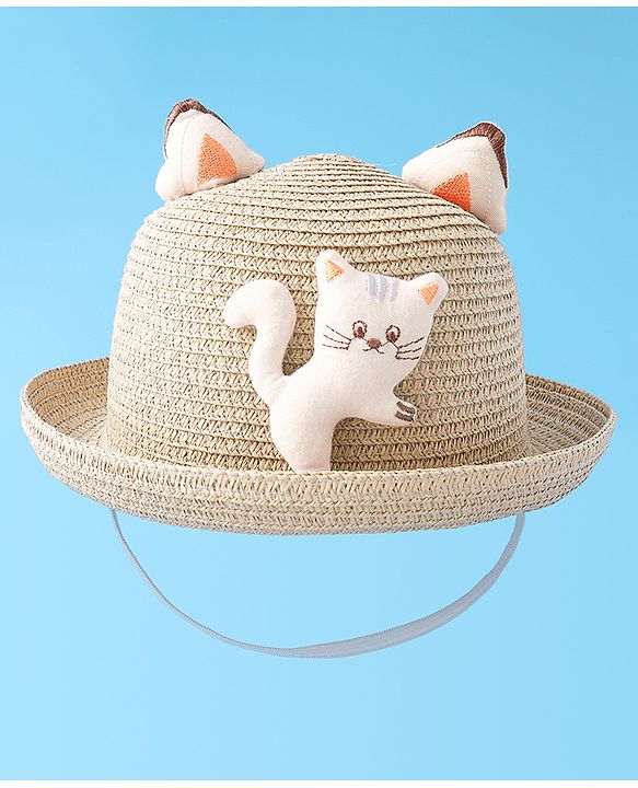 Babyhug Straw Hat With cat Applique and Hand Bag - Beige