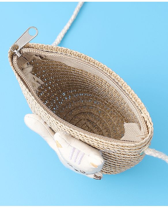 Babyhug Straw Hat With cat Applique and Hand Bag - Beige