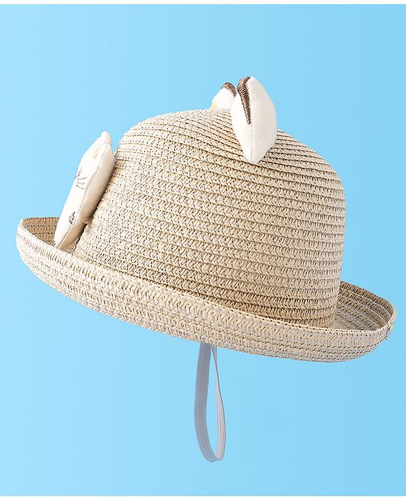 Babyhug Straw Hat With cat Applique and Hand Bag - Beige