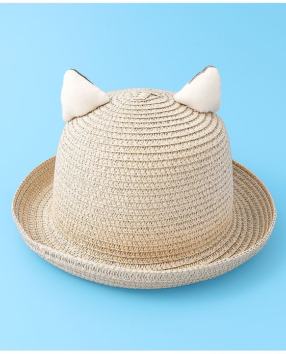 Babyhug Straw Hat With cat Applique and Hand Bag - Beige