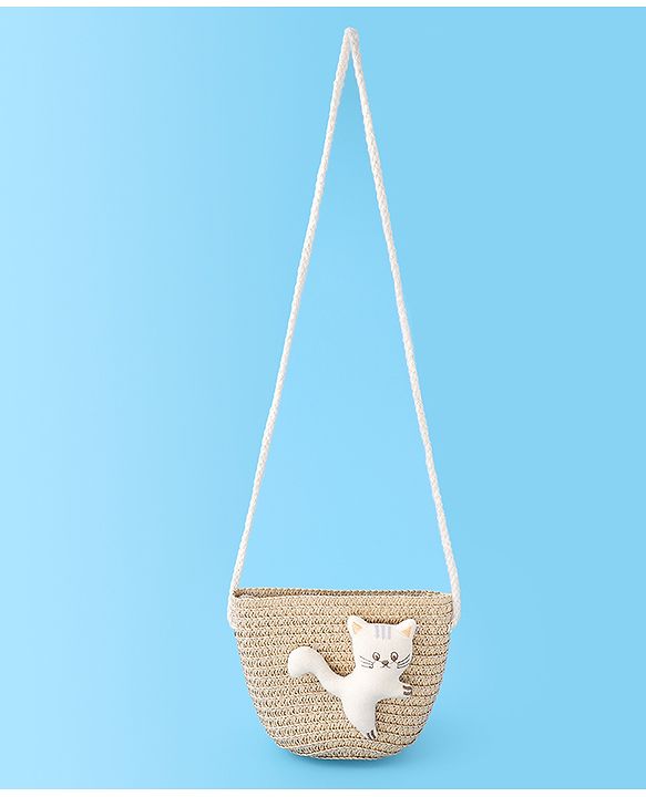 Babyhug Straw Hat With cat Applique and Hand Bag - Beige