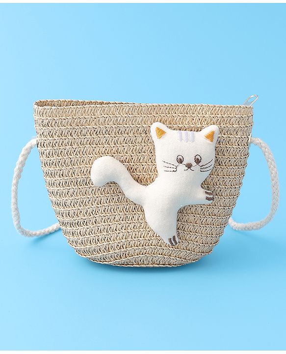 Babyhug Straw Hat With cat Applique and Hand Bag - Beige