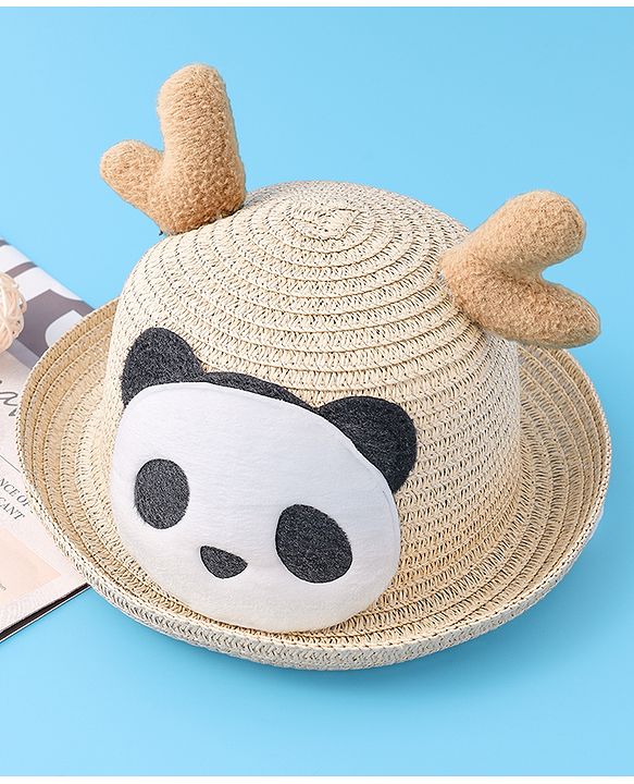 Babyhug Straw Hat with Panda Patch -Cream
