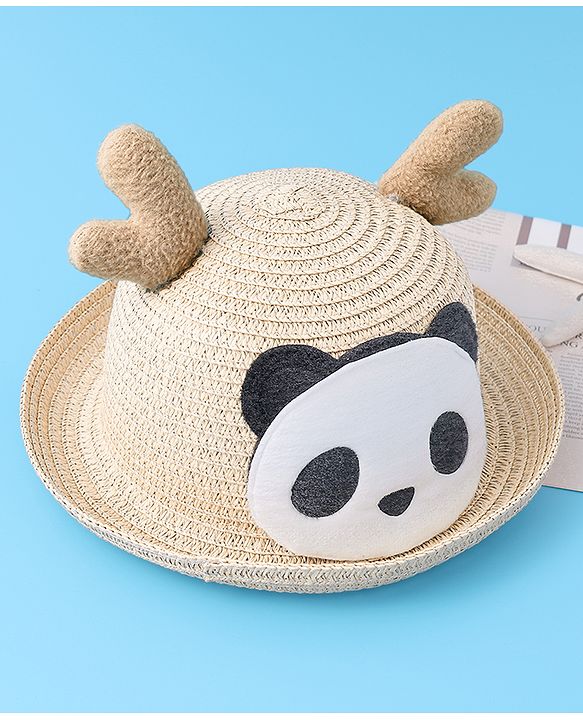 Babyhug Straw Hat with Panda Patch -Cream