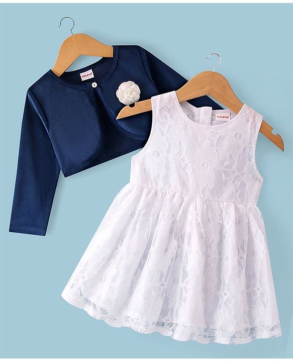 Babyhug Woven Frock with Three Fourth Sleeves Jacket Floral Applique - Navy Blue