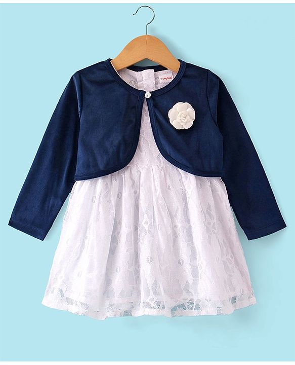 Babyhug Woven Frock with Three Fourth Sleeves Jacket Floral Applique - Navy Blue